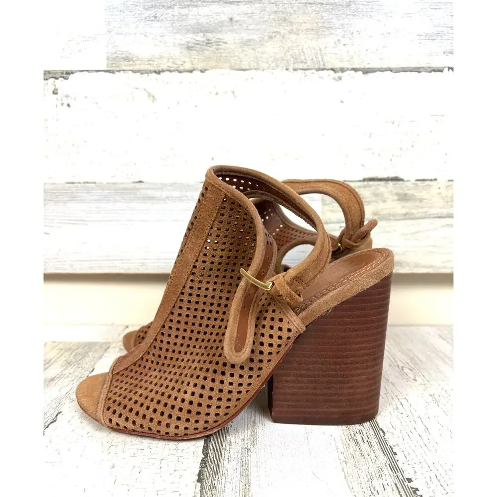 Tory Burch Women 7 Tan Jessie Perforated Suede High Heel Open Toe Strappy Bootie